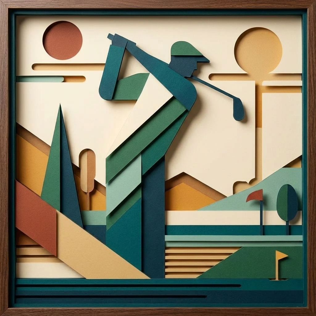 Art Deco Golfer in the ArtWorld 3D minimalist dimensional style.
