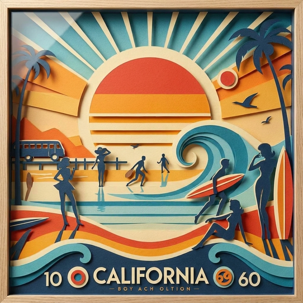 California Sunset in the ArtWorld 3D minimalist dimensional style.
