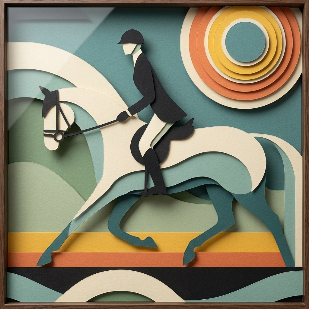 Equestrian Rider on White Horse in the ArtWorld 3D minimalist dimensional style.