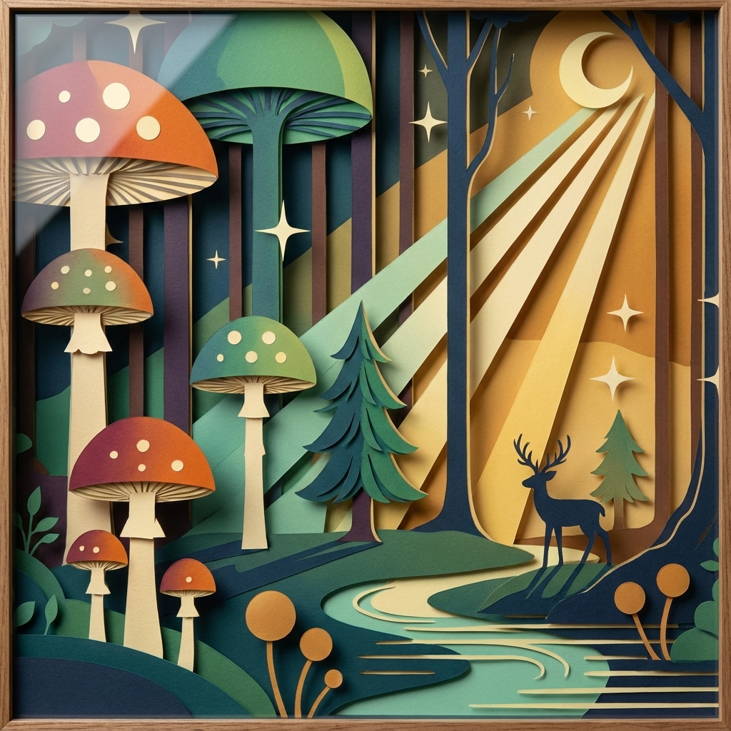 Fantasy Mushroom Forest in the ArtWorld 3D minimalist dimensional style.
