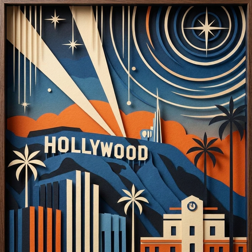 Hollywood Night in the ArtWorld 3D minimalist dimensional style.