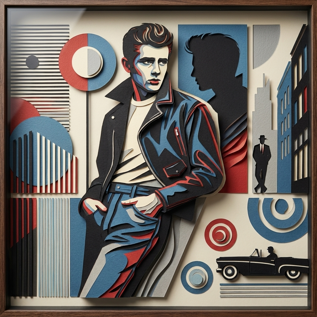 James Dean Retro Portrait in the ArtWorld 3D minimalist dimensional style.