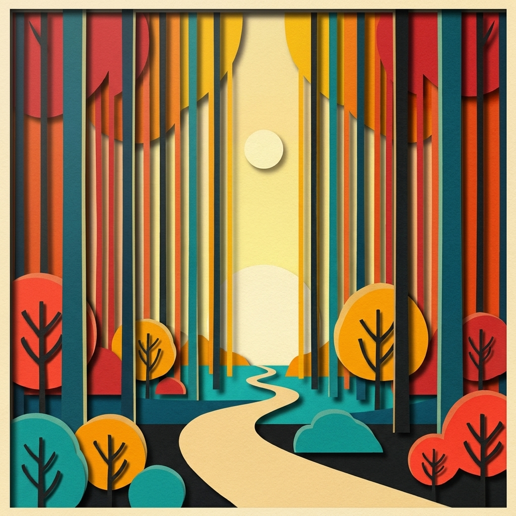Mid Century Autumn Forest in the ArtWorld 3D minimalist dimensional style.