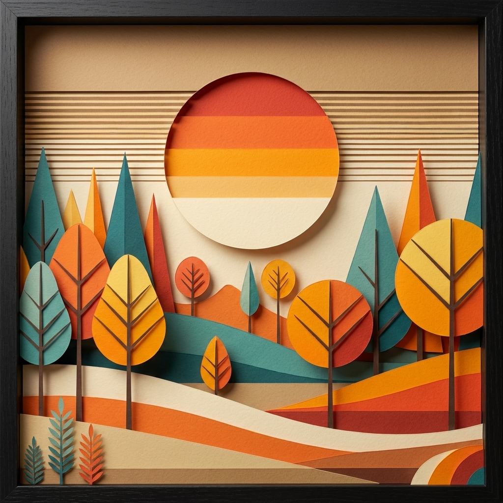 Mid Century Autumn Landscape in the ArtWorld 3D minimalist dimensional style.