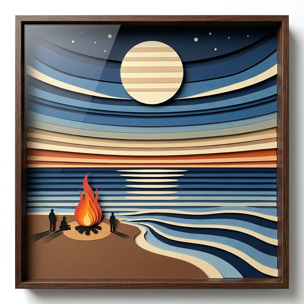 Moonlit Ocean Shore in the ArtWorld 3D minimalist dimensional style.