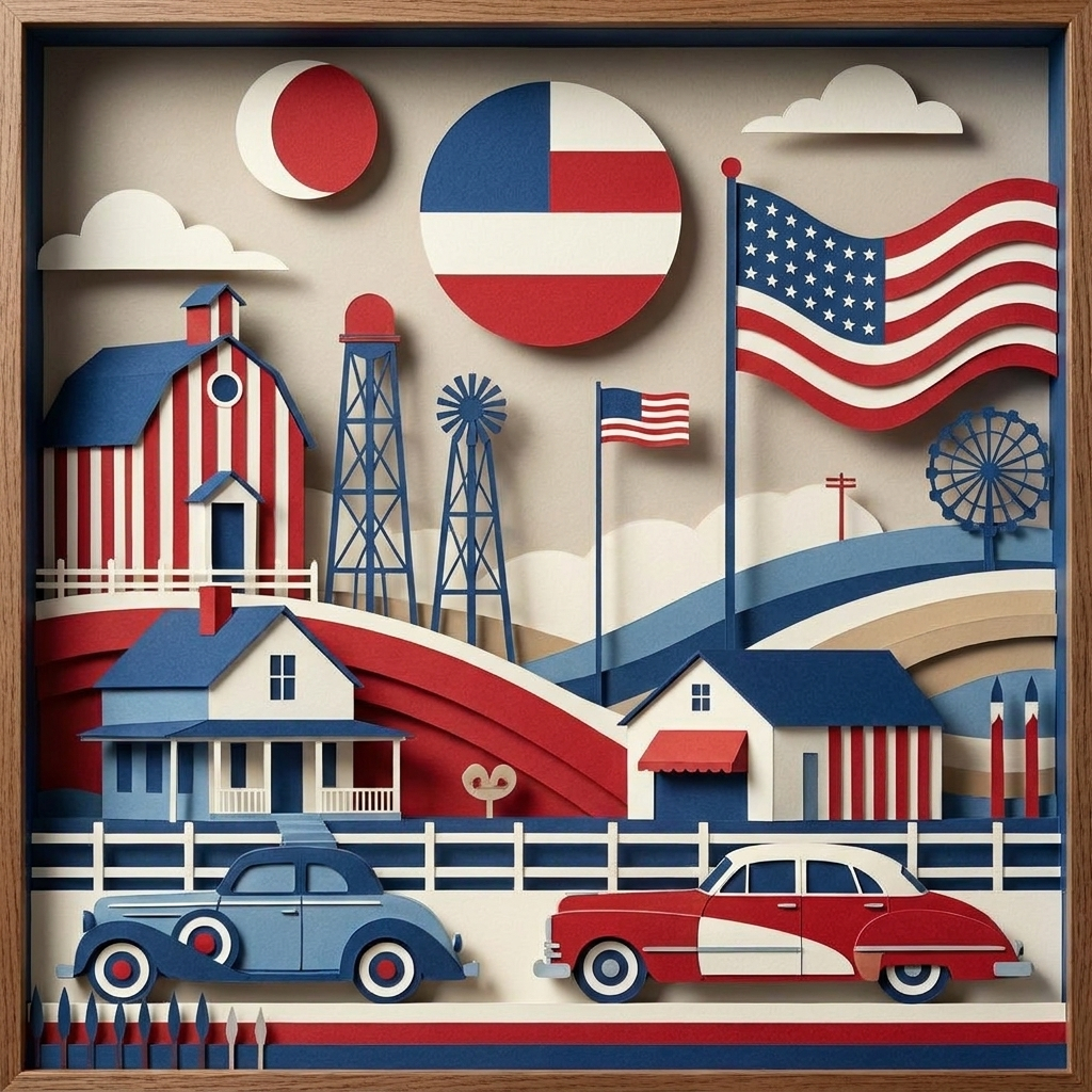 Patriotic Americana Town in the ArtWorld 3D minimalist dimensional style.