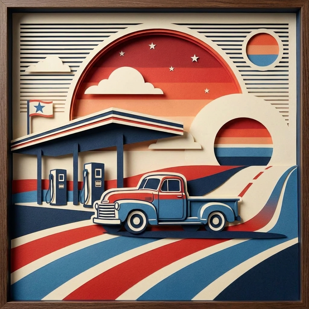 Retro Gas Station in the ArtWorld 3D minimalist dimensional style.