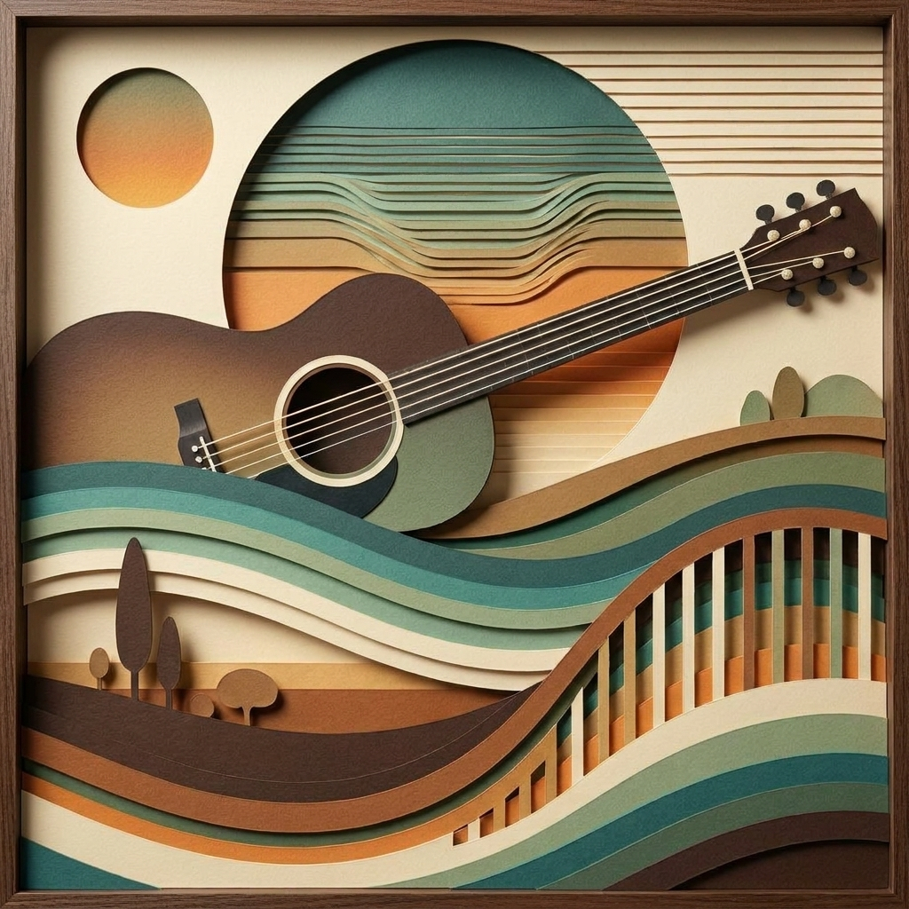 Retro Guitar Landscape in the ArtWorld 3D minimalist dimensional style.