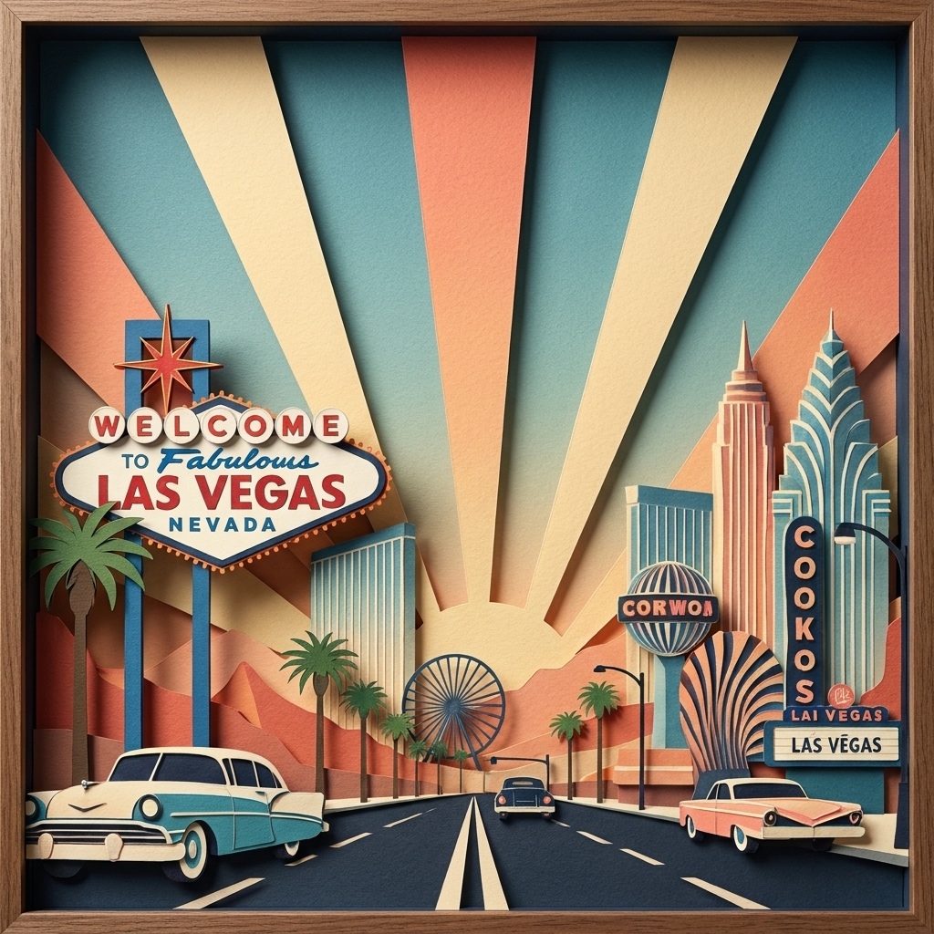 Retro Las Vegas Strip in the ArtWorld 3D minimalist dimensional style.