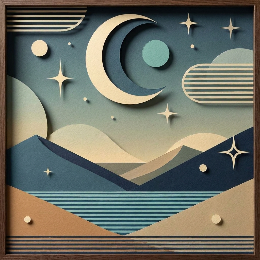 Retro Moonlit Landscape in the ArtWorld 3D minimalist dimensional style.