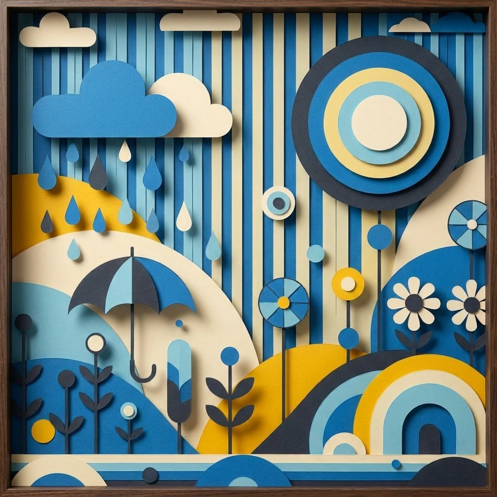 Retro Rainy Day Landscape in the ArtWorld 3D minimalist dimensional style.