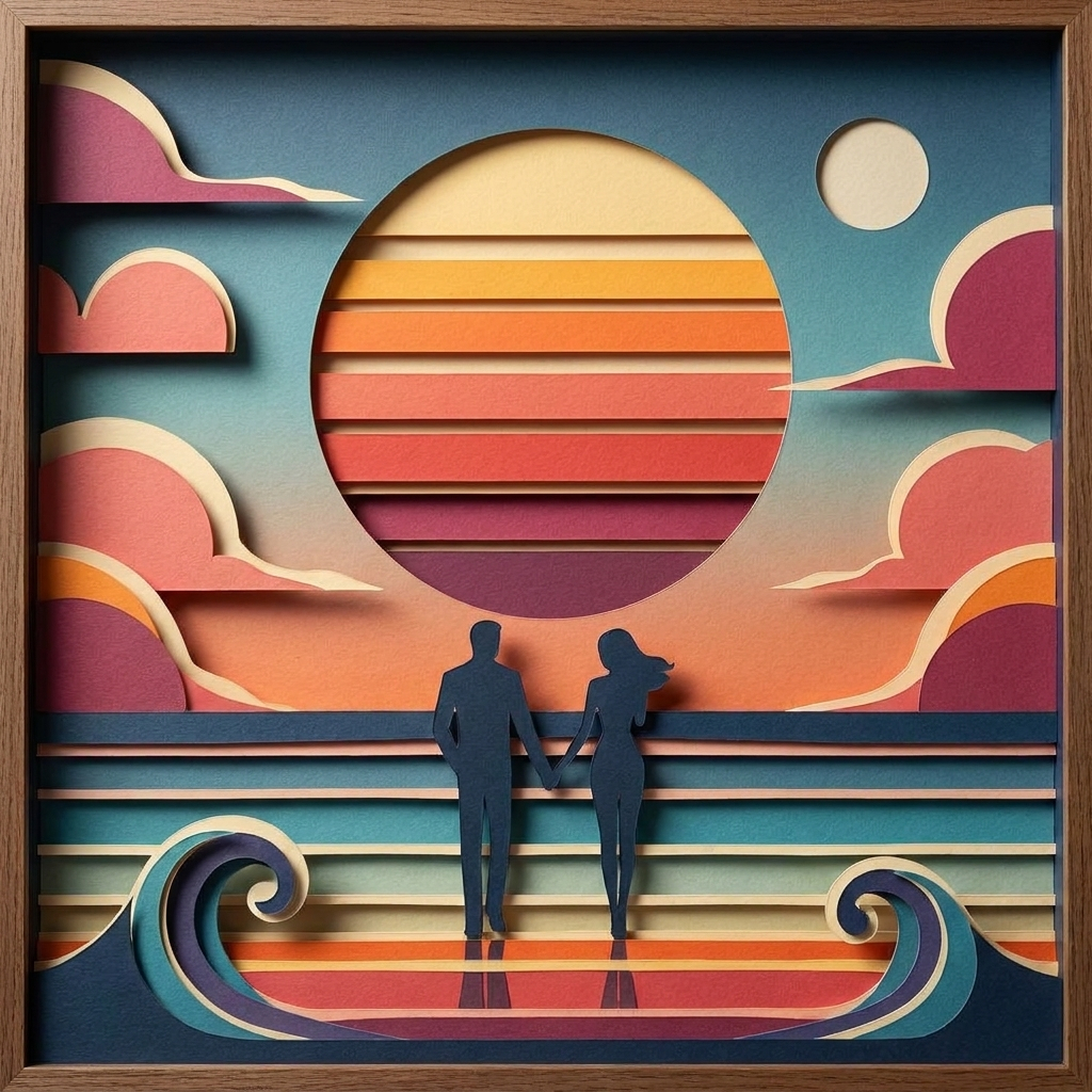 Retro Sunset Couple in the ArtWorld 3D minimalist dimensional style.