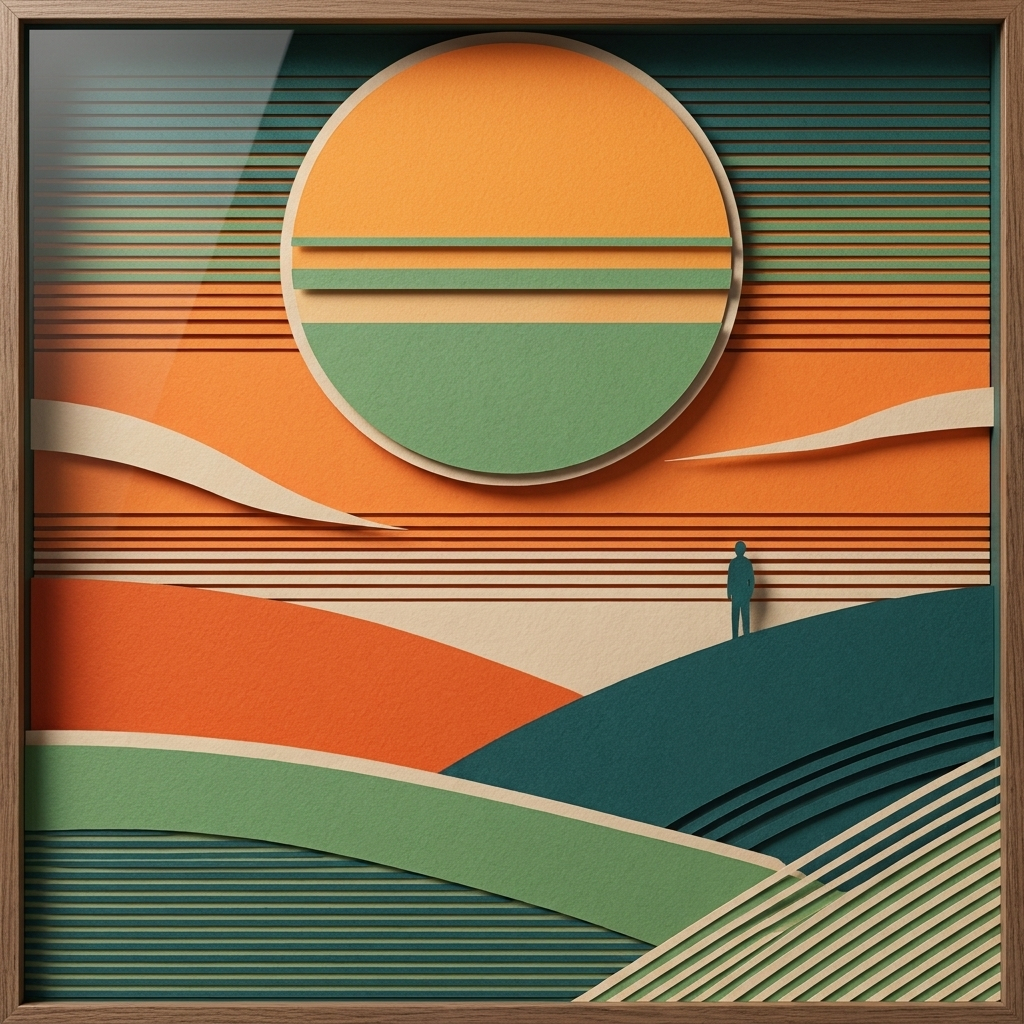Retro Sunset Landscape in the ArtWorld 3D minimalist dimensional style.