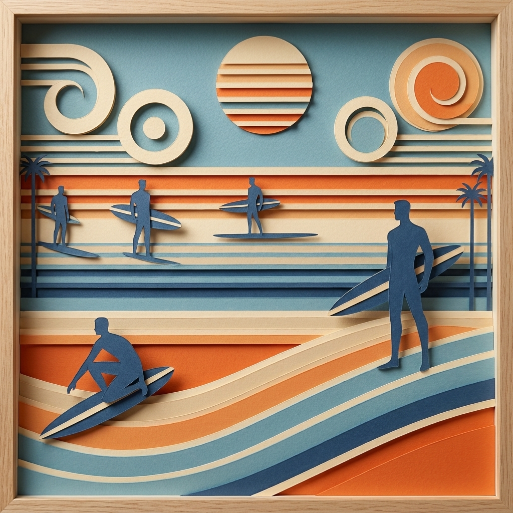 Retro Surfers Beach in the ArtWorld 3D minimalist dimensional style.